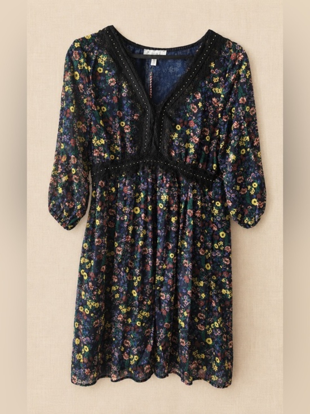 Hayden LA Navy Black Ditzy Floral V-neck Lace Dress Boho Feminine NWT M #1366